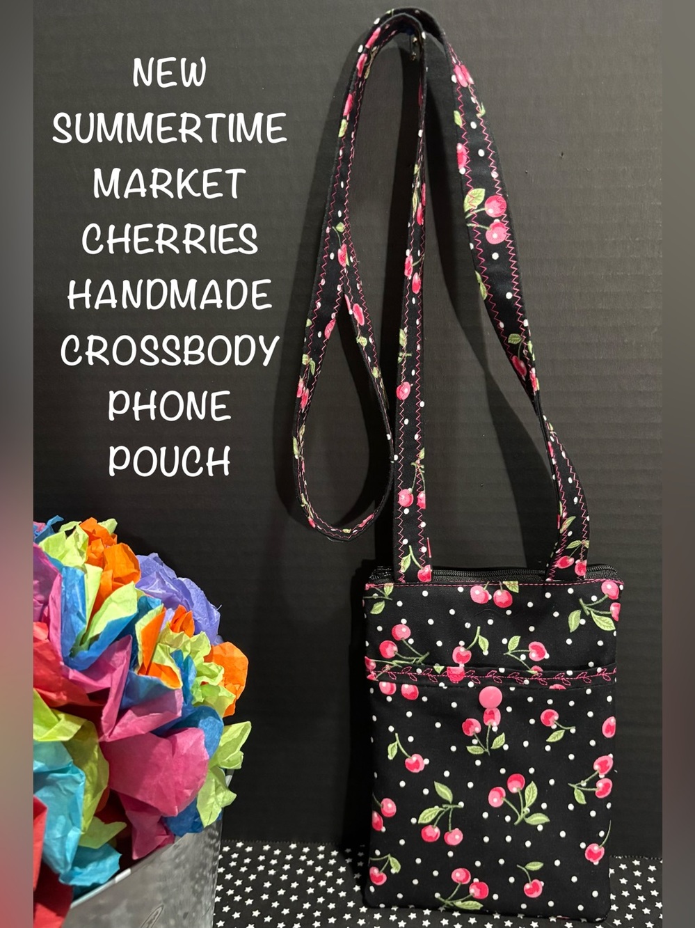 New Summertime Market Cherries Handmade Crossbody Phone Pouch W/Cherry Bracelets